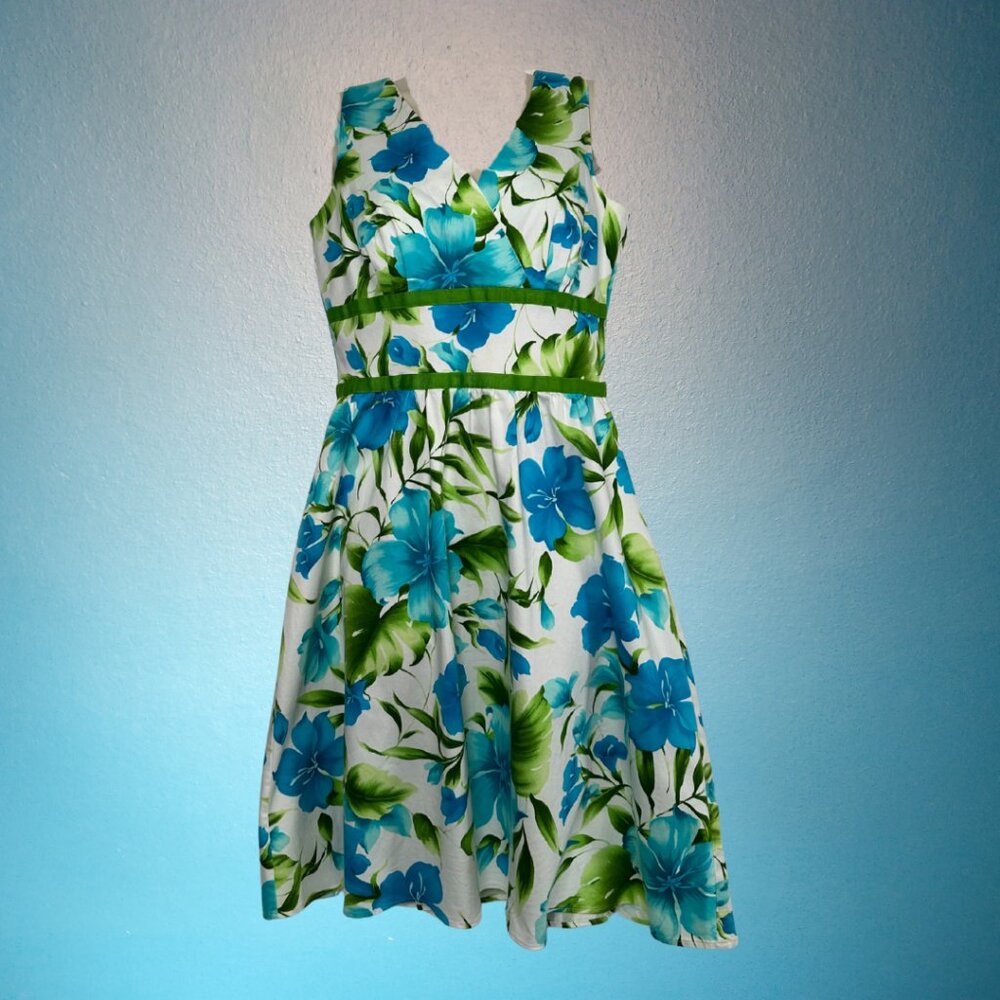 Southern Belle, Blue Floral Cotton Dress, Sleeveless, Jessica Fit & Flare 8US